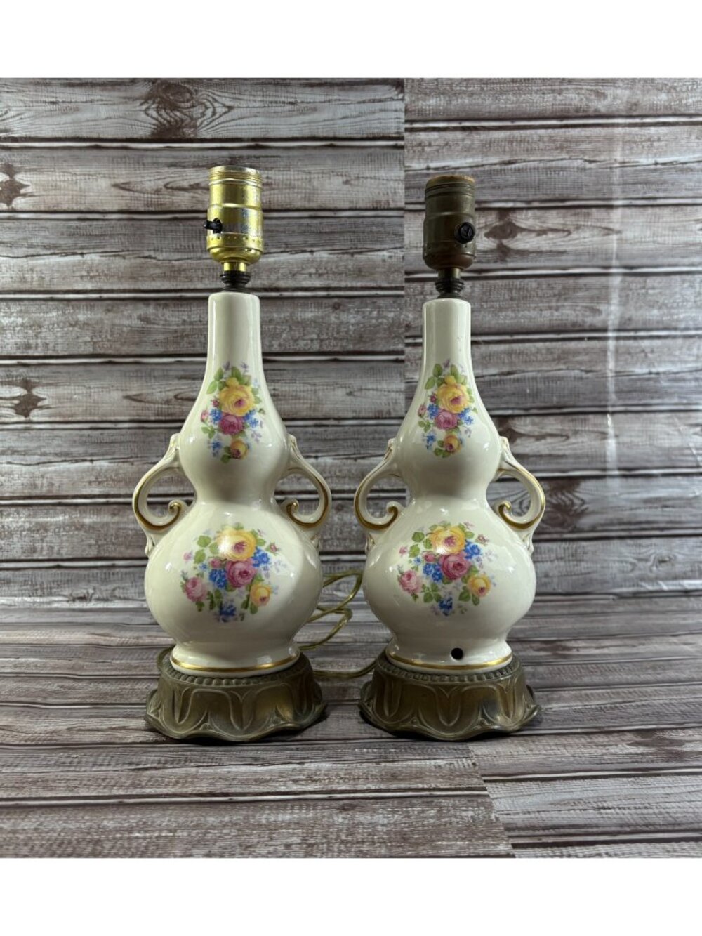 Victorian Style Lamps roses gold trim set x 2 vintage tested